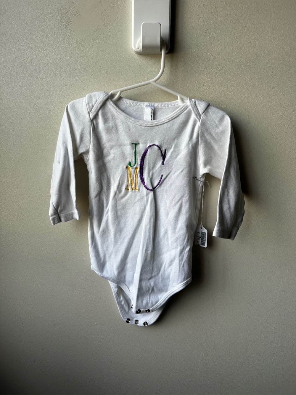 American Apparel 18-24M White Long Sleeve Baby Bodysuit JMC Embroidered Monogram